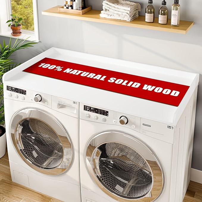 Avana (100% Natural Solid Wood Washer Dryer Countertop – White Pine Laundry Countertop with Raised Edges, 54” x 27.5” Counter Top for Washer and Dryer, Laundry Room Organizer & Tabletop