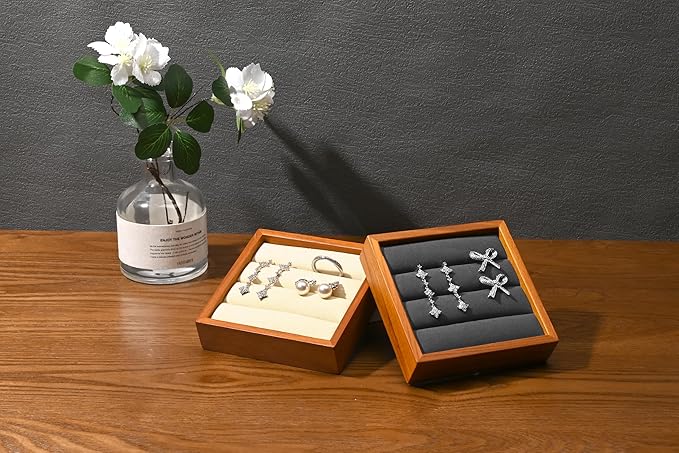 Solid Wood 3-Slots Jewelry Ring Display Tray Showcase Small Jewelry Display Organizer Tray for Rings(S,Grey)