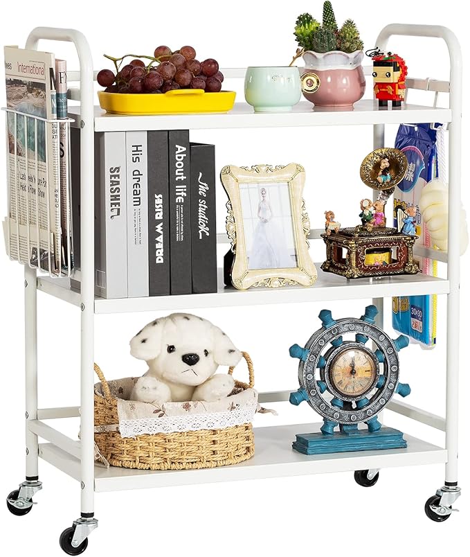 HDANI 3 Tier Metal Rolling Utility Cart,High Capacity Multi Purpose Heavy Duty Cart for Office,Kitchen,Living Room,Bedroom,White
