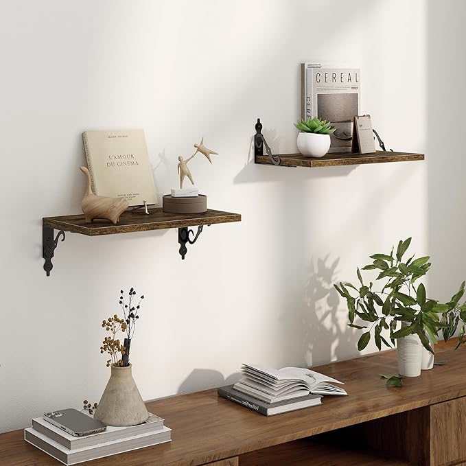 16 Inch Deep Floating Shelves for Wall, 8 Inch Deep Floating Shelf with Bracket, Wall Shelves 16 Inches Long, Wide Display & Storage Shelves for Living Room, Bathroom, Bedroom, Rustic Brown, Set of 2