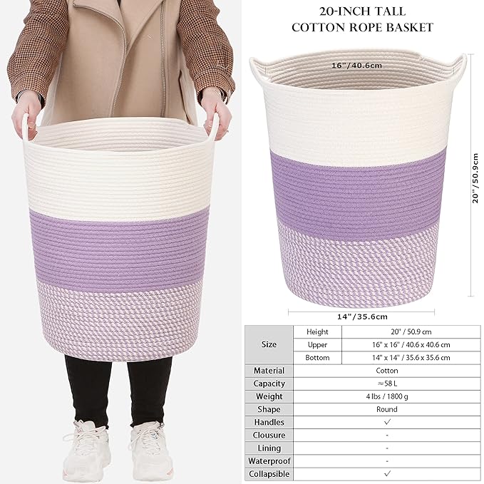 Sea Team Large Size Cotton Rope Woven Storage Basket with Handles, Laundry Hamper, Fabric Bucket, Drum, Clothes Toy Organizer for Kid's Room, 20 x 14 inches, Round Open Design, White & Mottled Purple