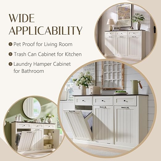 Triple Tilt Out Trash Can Cabinet, 20 Gallon Farmhouse Laundry Hamper Cabinet w/3 Drawers & Adjustable Shelf, Hidden Wooden Trash Can Cabinets with Storage Basket for Kitchen (Antique White)