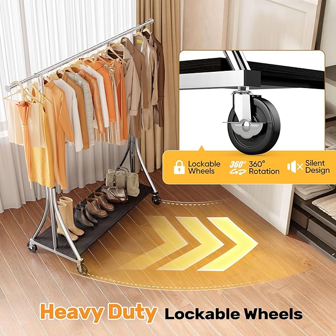 HOKEEPER Clothes Rack with Wood Shelves Height Adjustable Clothing Rack with Lockable Wheels 500LBS Portable Wooden Garment Closet for Bedroom, Living Room, Laundry, Balcony, Silver