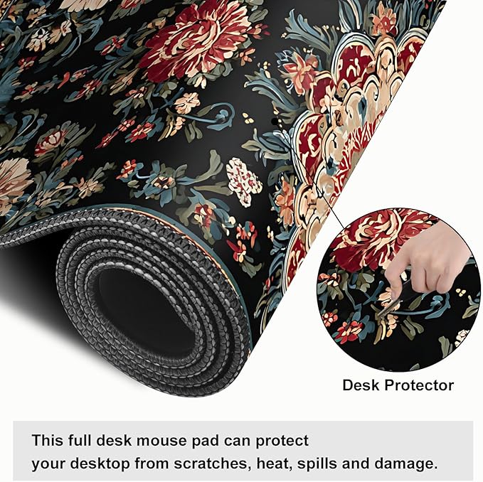 Vintage Persian Carpet Mouse Pad – Large Extended Desk Mat 31.5 x 11.8 in – Oriental Floral Rug Design, Non-Slip Rubber Base, Stitched Edges, Soft Keyboard & Mouse Mat for Office or Gaming