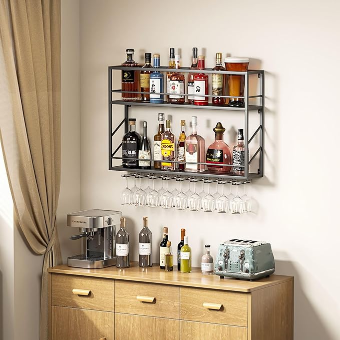 Wall Mounted Wine Rack with Glass Holder，Stylish Mini Floating Bar Shelves for Liquor Bottle Display in Dining Room, Kitchen, Living Room (47.2”W x 26”H x 7.8”D)