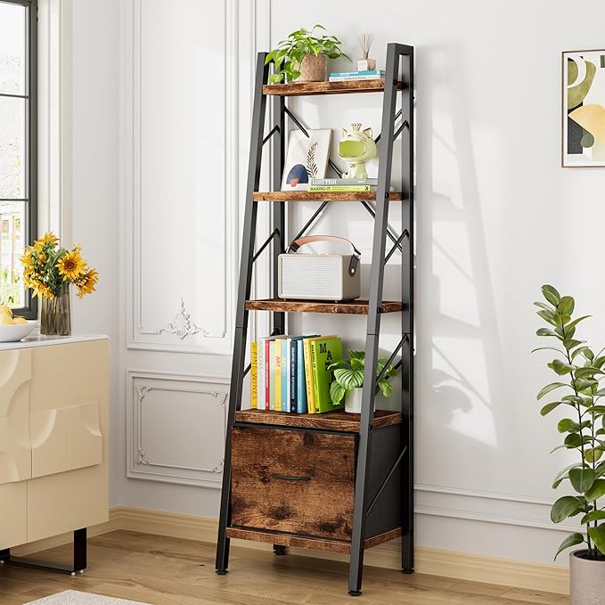 Vongrasig Ladder Bookshelf with Drawer, 5 Tier Industrial Bookcase Display Shelf, Tall Narrow Bookcase Corner Freestanding Rack Storage Organizer for Home Office, Living Room