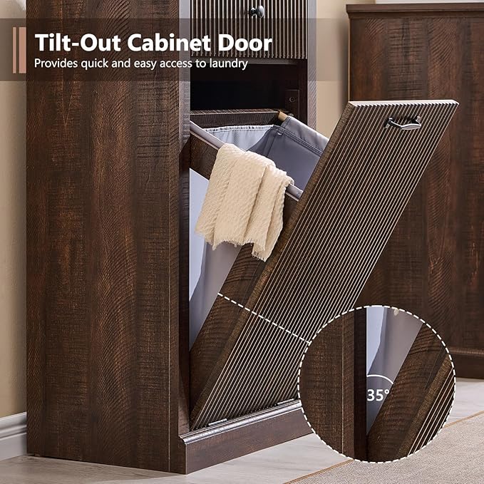 Modern Tilt Out Laundry Hamper Cabinet, 10 Gallon Fluted Trash Can Cabinet with Drawer, Wooden Hidden Garbage Can Cabinets with Laundry Basket, Free Standing for Bathroom and Kitchen, Brown