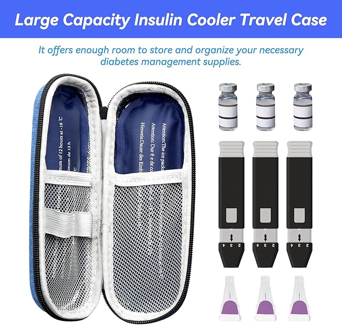 Insulin Cooler Travel Case with 2 Ice Packs, Portable Medication Diabetic Cooler Organizer Bag for Daily Life and Trip Use, Blue