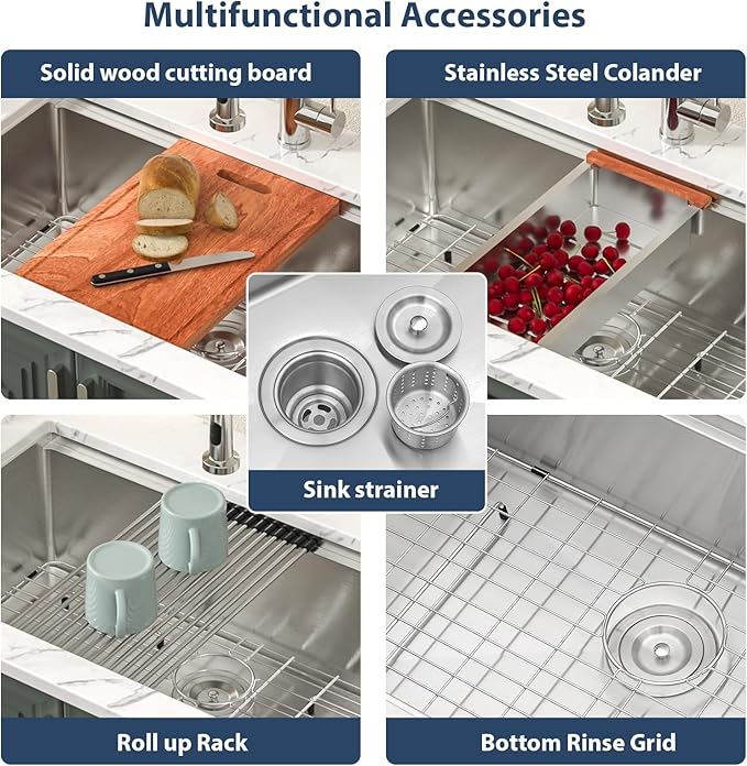 Lordear 33 Undermount Kitchen Sink 33" x 19" Stainless Steel Sinks 16 Gauge Single Bowl Ledge Workstation Handmade Under Counter Kitchen Sink Basin with Built-In Accessories