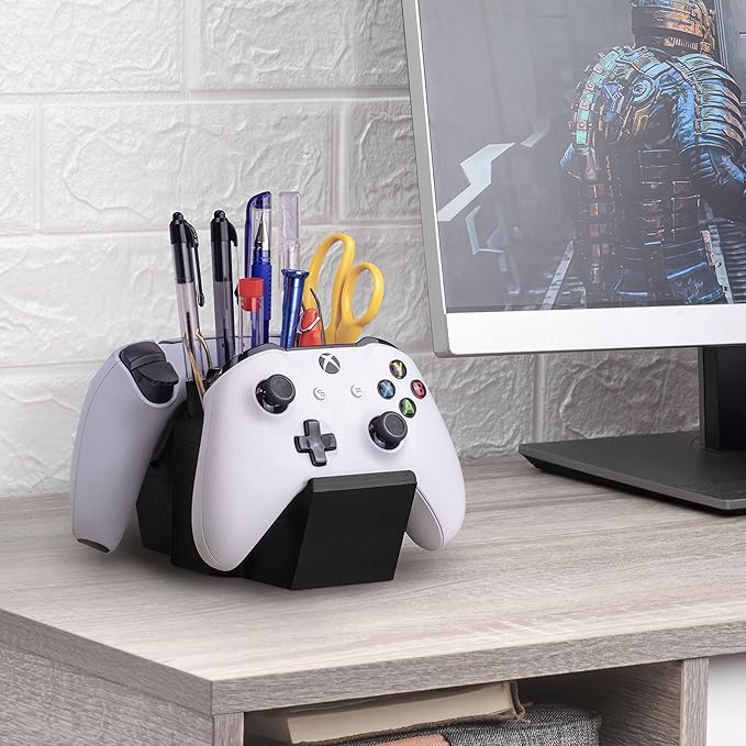 Game Controller Holder & Desktop Pen Organizer Stand With Ten Slots for Pens, Pencils, Stationery, Craft Tools & More - Universal Design for PS5 XBOX SERIES X ONE PS4 SWITCH PC Gamepads - D05 - Black