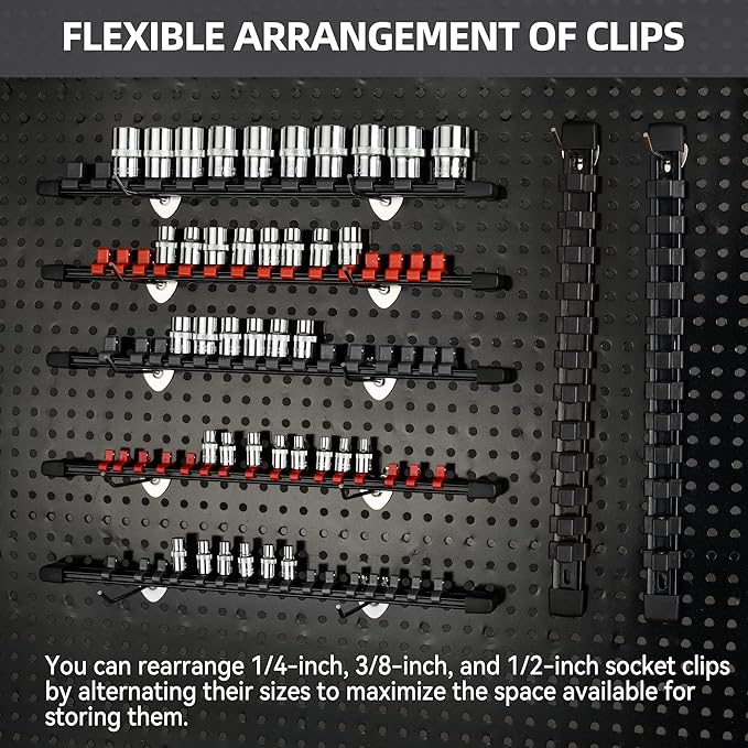 Socket Organizer Drive ABS Tools - Black Socket Holder, Premium Quality 9 Pieces Socket Holders Kit 1/4-Inch x 48 Clips, 3/8-Inch x 45 Clips, 1/2-Inch x 36 Clips（9PC,Black