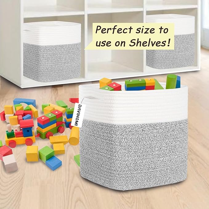 Cube Storage Bins 11 Inch Cotton Rope Woven Storage Basket for Organizing 3 Pack | Storage Cubes for Organization and Storage | Square Cube Organizer | Basket for Shelves | Toy Bin（Grey）