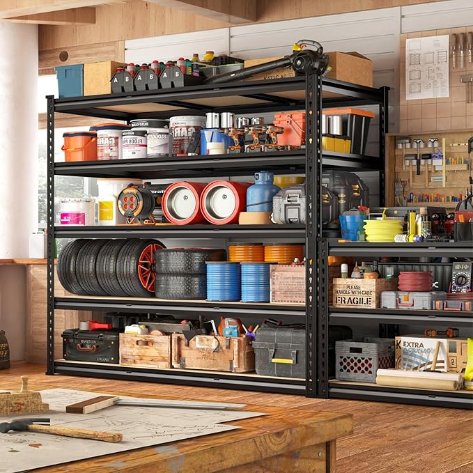 REIBII 48" W Garage Shelving Heavy Duty, 3000LBS Storage Shelves, 5-Tier Adjustable Metal Shelving, Garage Shelves Sturdy Industrial Shelf, Easy Assemble, 72" H x 48" W x 18" D, 2PC
