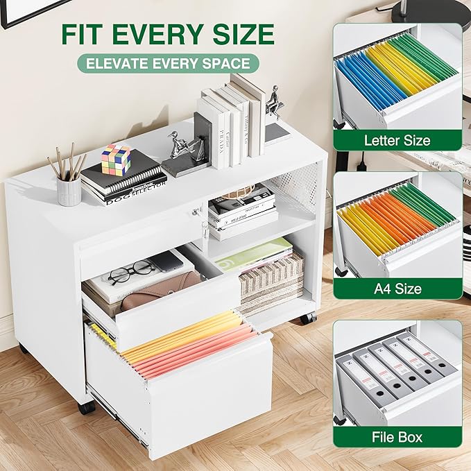 3 Drawer Metal File Cabinet with Lock,Mobile Lateral Filing Cabinet,Printer Stand Storage Cabinets with Shelves for Home Office(White)