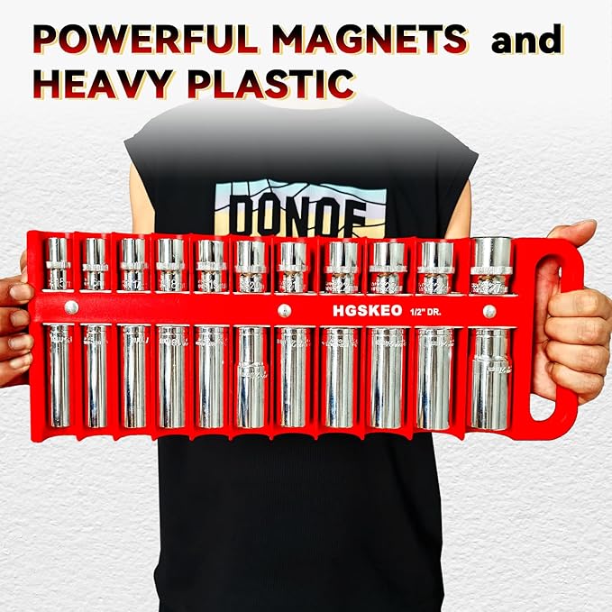 Magnetic Socket Holder Set with Handle, Portable Socket Organizer, Heavy Duty Socket Racks 1/2" Drive Holders Hold 22 standard Sockets for Tool Box (Red, 1/2" Drive)