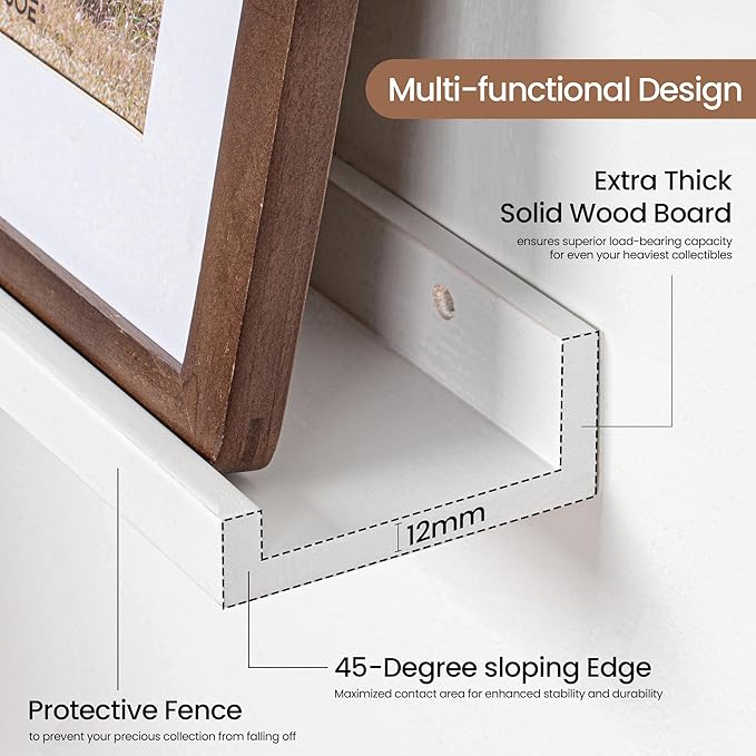 Picture Ledge Shelf, Floating Shelves Set of 2, 36 Inches Solid Wood Nursery Book Shelves for Toys Storage, Kids Bookshelf Wall Mounted for Living Room Bedroom Decor Books Photo Frames, White