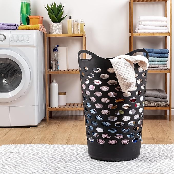2.2 BUSHEL Flexible Laundry Basket,Tall plastic hamper for Clothes, Bedroom, and Storage - Portable Round Bin with Carry Handles 17.75" x 17.25" x 26", White,Black,3 pack (Black)