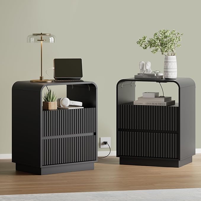 Black Nightstands Set of 2 with Charging Station, Mid Century Modern End Tables & Bedside Tables, Fluted Wood Small Night Stands with 2 Hidden Drawers and Storage Shelf for Bedroom
