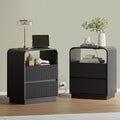 Black Nightstands Set of 2 with Charging Station, Mid Century Modern End Tables & Bedside Tables, Fluted Wood Small Night Stands with 2 Hidden Drawers and Storage Shelf for Bedroom