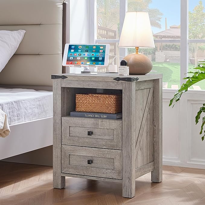 Nightstand with Charging Station and USB Port, Farmhouse Night Stand with 2 Drawers and Shelf Storage, Wooden Side End Table, Bedside Cabinet for Bedroom, Living Room, Closet,Office (Grey)
