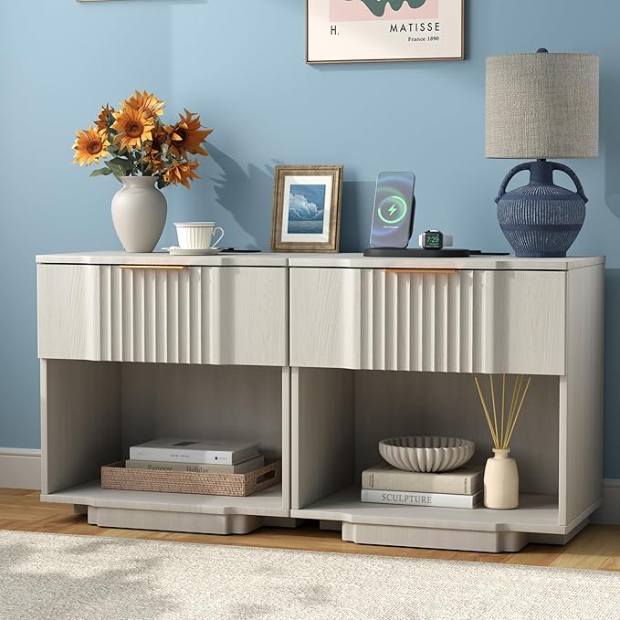Yechen Fluted Nightstand with 20W Fast Charging Station - Modern Large Night Stand with Storage Drawer & Open Shelf, Wide Wood Bedside End Table for Bedroom with Curved Profile Base, White Oak
