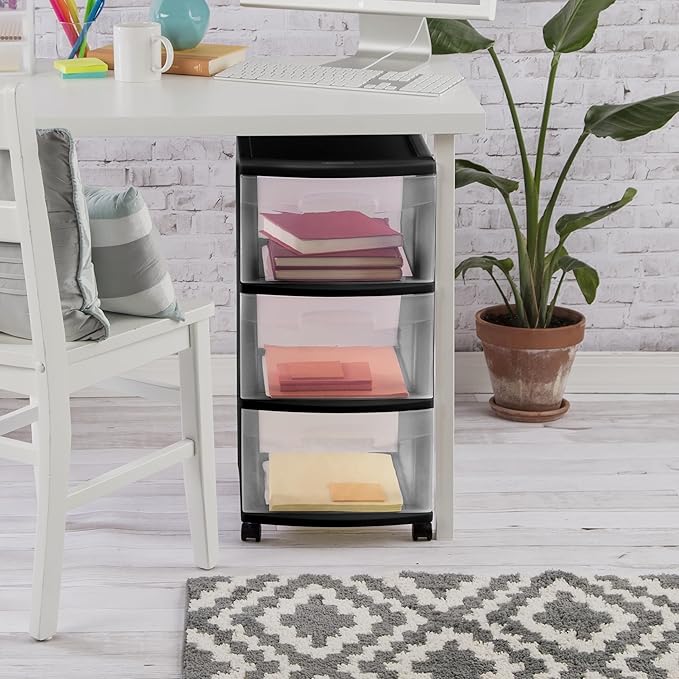 3 Drawer Rolling Plastic Storage Cart with Large Durable Clear Drawers and Removable Wheels, Suitable for Bedroom, Dormitory, Closet, Kitchen and Office (BLACK)