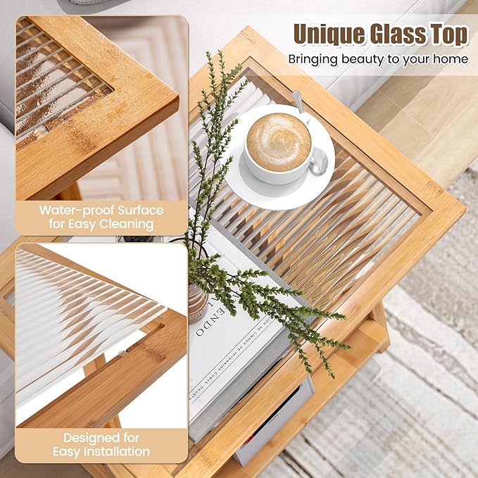GOFLAME Rattan Side Table, Z-Shaped End Table with Magazine Rack, Bamboo Sofa Side Accent Table with Glass Top, Small Boho Nightstand, Bedside Table for Small Space, Living Room, Bedroom