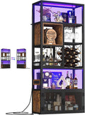82.6" Tall Bar Cabinet with Power Outlets, 6-Tiers Reversible Wine Cabinet with LED Lights, Glass Holder & Wine Rack, Liquor Storage Cabinet Coffee Bar Station for Dining Living Room, Rustic Brown