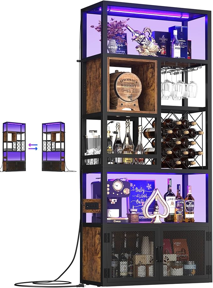 82.6" Tall Bar Cabinet with Power Outlets, 6-Tiers Reversible Wine Cabinet with LED Lights, Glass Holder & Wine Rack, Liquor Storage Cabinet Coffee Bar Station for Dining Living Room, Rustic Brown