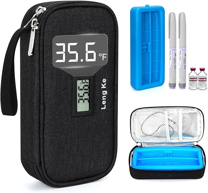 Insulin Cooler Travel Case, TSA Approved Refrigerated Medicine Travel Bag with Protective Ice Brick, Temperature Display Diabetic Medication Cooling Bag for Pen & Vials (Black)