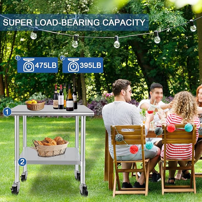 HARDURA Stainless Steel Table with Wheels 24 x 36 Inches Casters NSF Heavy Duty Commercial Work & Prep Table with Undershelf and Galvanized Legs for Restaurant Kitchen Bar and Hotel Garage