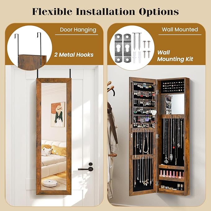 Giantex Wall Mounted Jewelry Cabinet with Full Length Mirror, Over The Door Jewelry Armoire Organizer with Large Storage, Makeup Mirror & Velvet Lining (Rustic Brown)