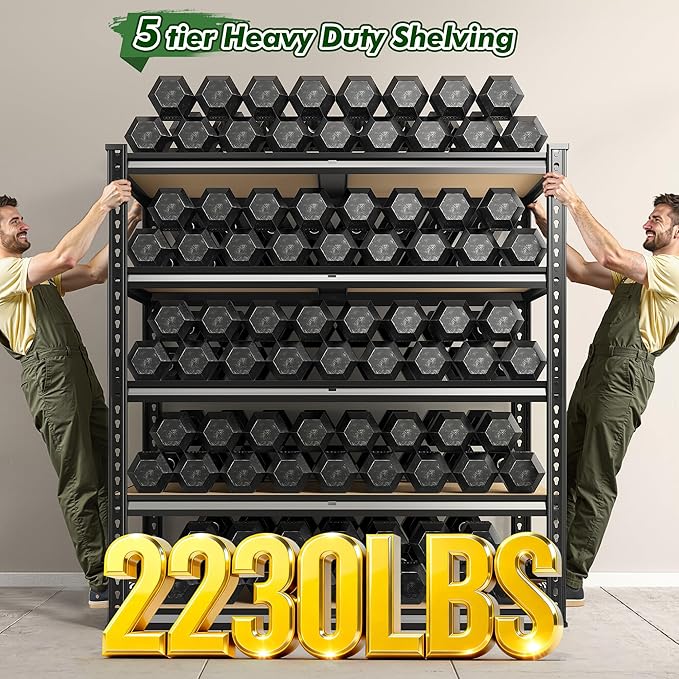72.2" H Garage Shelves 2230LBS Storage Shelves, 5 Tier Adjustable Metal Shelving, Heavy Duty Shelving for Storage, Basement, Warehouse, Pantry, Kitchen, 35.5" W x 19.5" D x 72.2" H, Black