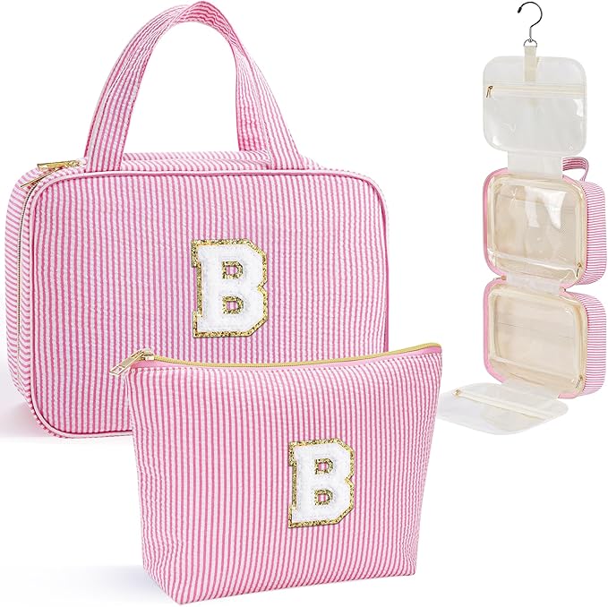 YOOLIFE Hanging Toiletry Bag for Women - Portable Makeup and Travel Bag, Cruise Ship Essentials - Letter B, Pink