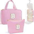 YOOLIFE Hanging Toiletry Bag for Women - Portable Makeup and Travel Bag, Cruise Ship Essentials - Letter B, Pink