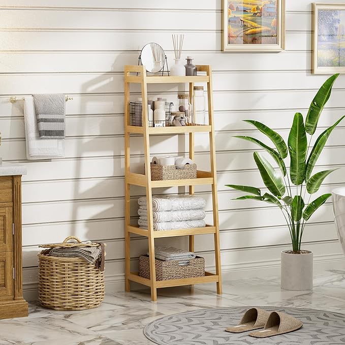 Bookshelf, 5 Tier Ladder Bookcase with Bamboo Frame, Freestanding Tall Narrow Display Plant Shelf for Living Room, Kitchen, Bedroom, Balcony, Natural