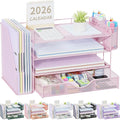 gianotter Desk Organizers and Accessories with File Holder, 4-Tier Desk Accessories & Workspace Organizers with Drawer and 2 Pen Holder, Paper Organizer for Office Supplies (Pink)
