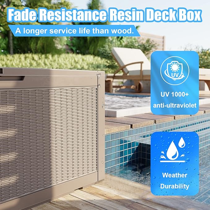 100 Gallon Deck Box,Resin Outdoor Storage Box with Lockable for Patio Furniture, Pool Accessories, Garden Tools Waterproof Outside Storage Box, Grey Pattern