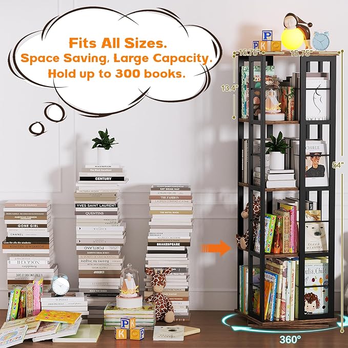 Aheaplus Rotating Bookshelf, Corner Bookshelf, 360 Display Wood Spinning Bookshelfs, Floor Standing Bookcase Narrow Shelf Revolving Organizer Storage Rack for Small Space, Bedroom, Study Room