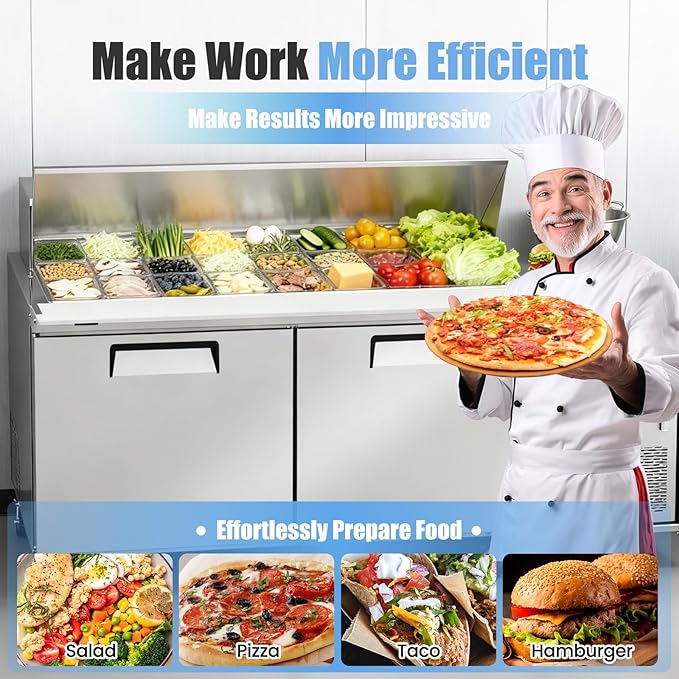60" W Commercial Refrigerator Sandwich Salad Prep Table, Stainless Steel 2-Door Sandwich Prep Table Refrigerator, Counter Fan Cooling Refrigerator with 24 Pans for Restaurant, Bar