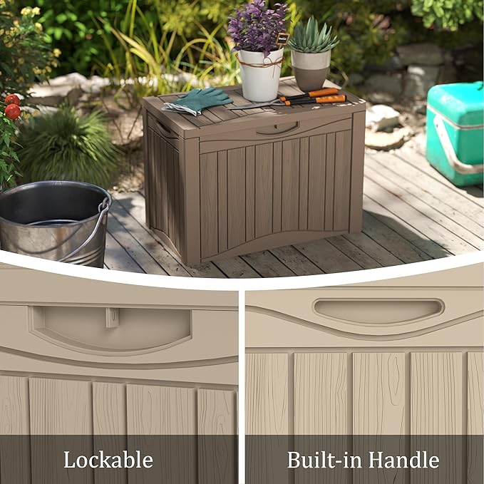 TARKARI 50 Gallon Lockable Resin Deck Box, Waterproof & UV-Resistant Outdoor Storage Box for Outdoor Cushion Storage, Garden Tools & Pool Accessories Storage, Gray