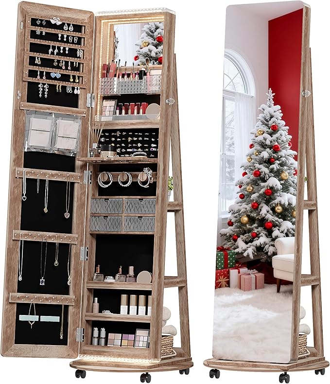 Full Length Mirror with Storage, Standing Mirror Jewelry Cabinet with 3 Color LED Lights, 360° Swivel Jewelry Armoire with Mirror & Storage Shelves, Brown