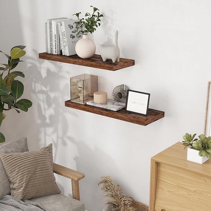 32 Inch Floating Shelves for Wall Set of 2, Rustic Wood Wall Mounted Floating Shelf for Bathroom, Bedroom, Kitchen, 9.3 Inch Deep Shelves Invisible Brackets for Books|Storage|Decor, Rustic Brown