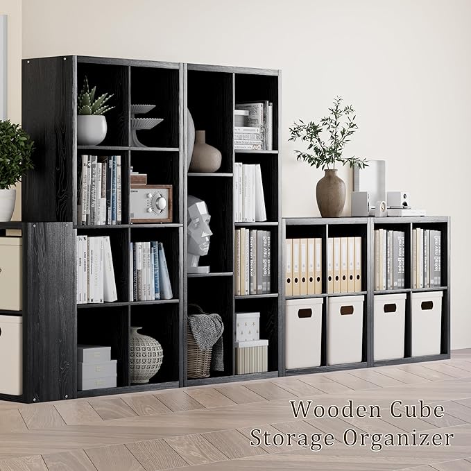Cube Storage Organizer Bookcase, Decorative 11 inch Open Back Cubical Shelf with Thickened Border, Display Bookshelf for Living Room, Home Office, Sturdy Room (Black, 8 Cube)