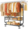 Heavy Duty Clothes Rack with Metal Basket, 720 LBS Rolling Double Rod Garment Rack, Portable Extendable Clothing Rack with Wheel for Bedroom, Laundry Room & Retail Store