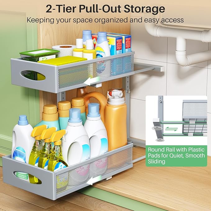Under Sink Organizer, 2 Pack 2 Tier Pull out Cabinet Organizer Baskets with Mesh Sliding Drawers, Slide out Sink Storage Shelves for Home, Kitchen, Bathroom, Pantry, Office Organizers and Storag,Grey