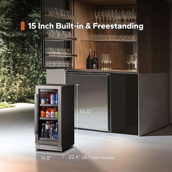 Ca'Lefort 15 Inch Beverage Refrigerator - 100 Can Small Beverage Fridge, Drink Fridge Glass Door 3 LED 34°F -54°F Beverage Cooler Built-in or Freestanding, Perfect for Home/Kitchen(3.0 cu.ft)