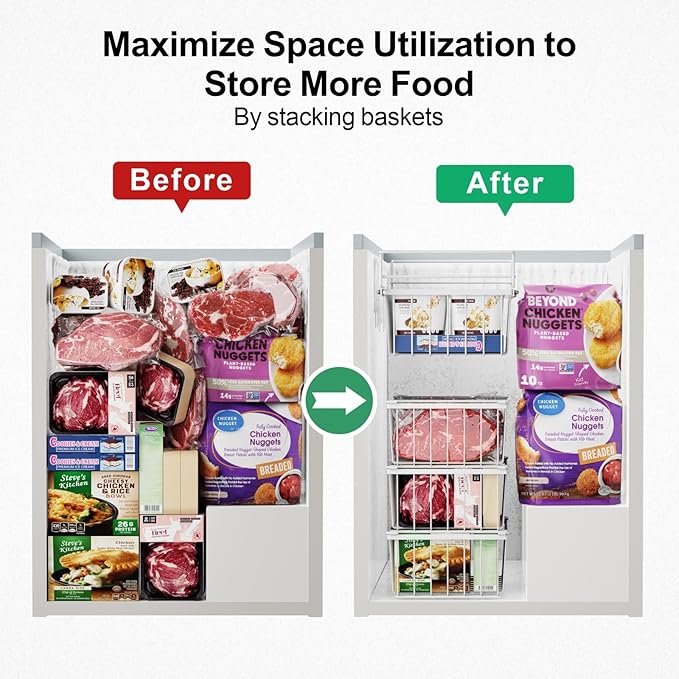 iSPECLE Deep Freezer Organizer Bins - 15.2"~17.5" Freezer Baskets for Chest Freezer, 5 Cu.FT Deep Chest Freezer Organizer Bins, 1 Expandable Hanging Basket and 3 Pack Stackable Bins, 4 Pack White
