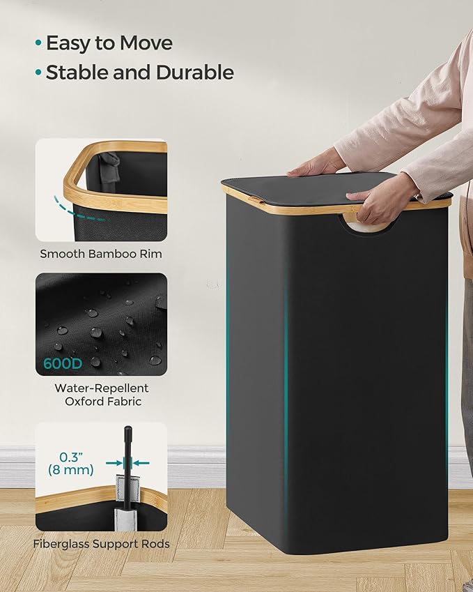 SONGMICS Laundry Hamper with Lid, 2-Section Large Laundry Basket, 34.3-gallon (130L), Removable Mesh Liner, Bamboo Handles, Collapsible, 20.5 x 15.2 x 27.8 Inches, Ink Black ULCB513B01