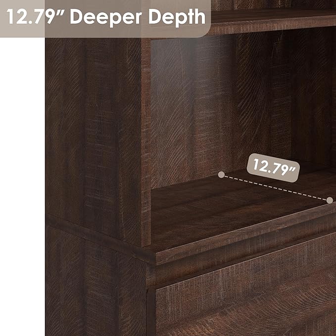 GarveeHome 70" Tall Bookcase with Drawers, Bookshelf w/ 3 Tier Open Shelves & 3 Storage Drawers, Modern Deep Storage Book Shelf Storage Cabinet Organizer for Living Room Office Library (Brown)